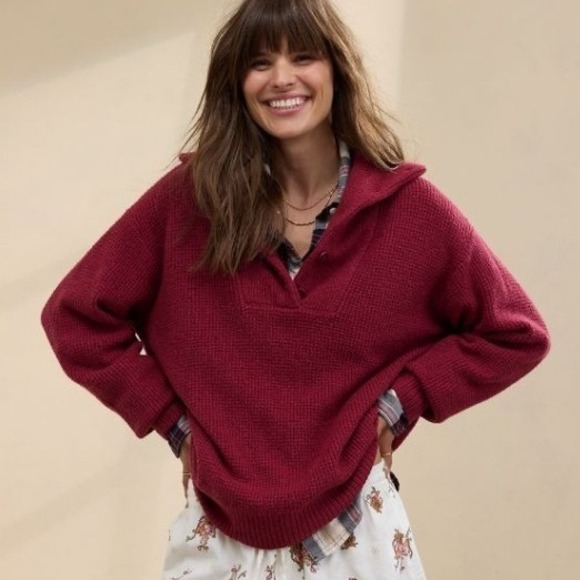 aerie Sweaters - Aerie CozyUp Waffle Button Sweater Oversized Cozy Burgundy Size‎ XXS